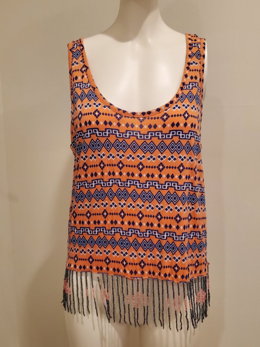 GUESS Womens Sz XS Orange Geometric Printed Beaded Fringe Sleeveless Tank Top